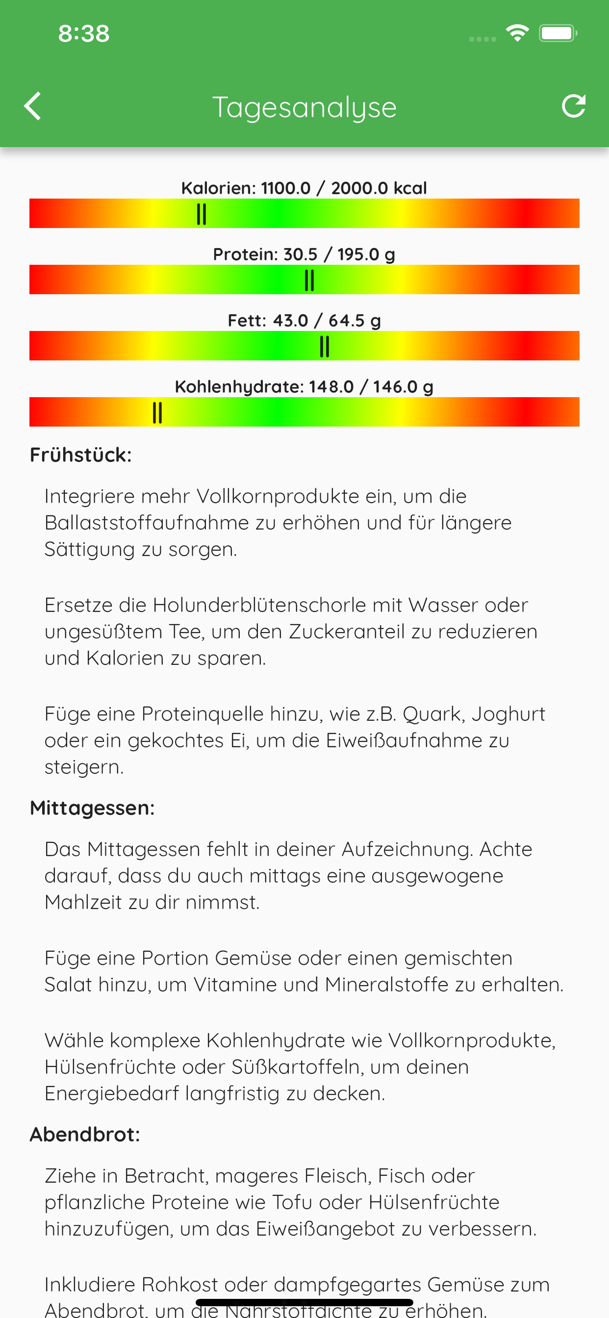Tagesanalyse in der Foodplaner-App von KI-EMMA